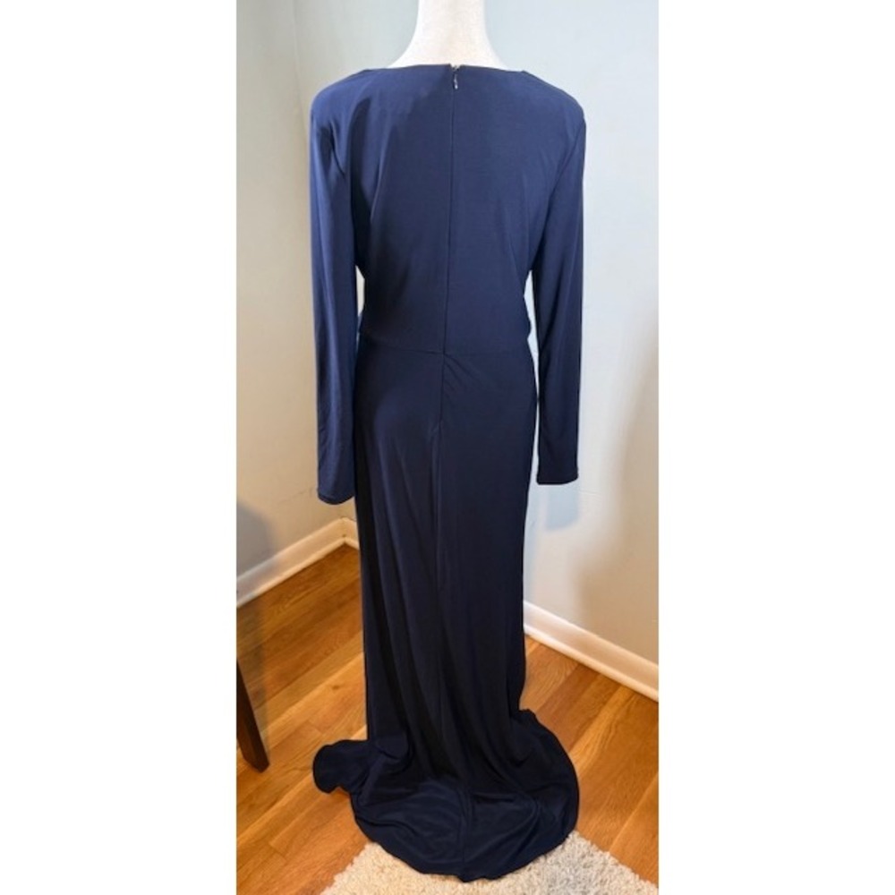 Betsy Adam Navy Faux Wrap Ruffle Formal Gown Size 8 Long Sleeve Floor - Picture 7 of 8